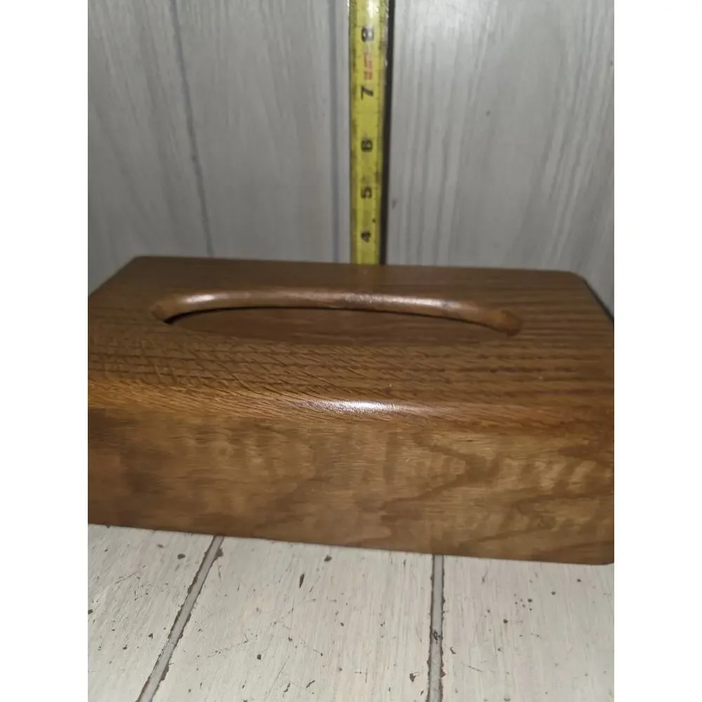 Vtg Oak Tissue Box Cover Dispenser Solid Wood Rectangle MCM Kleenex Farmhouse